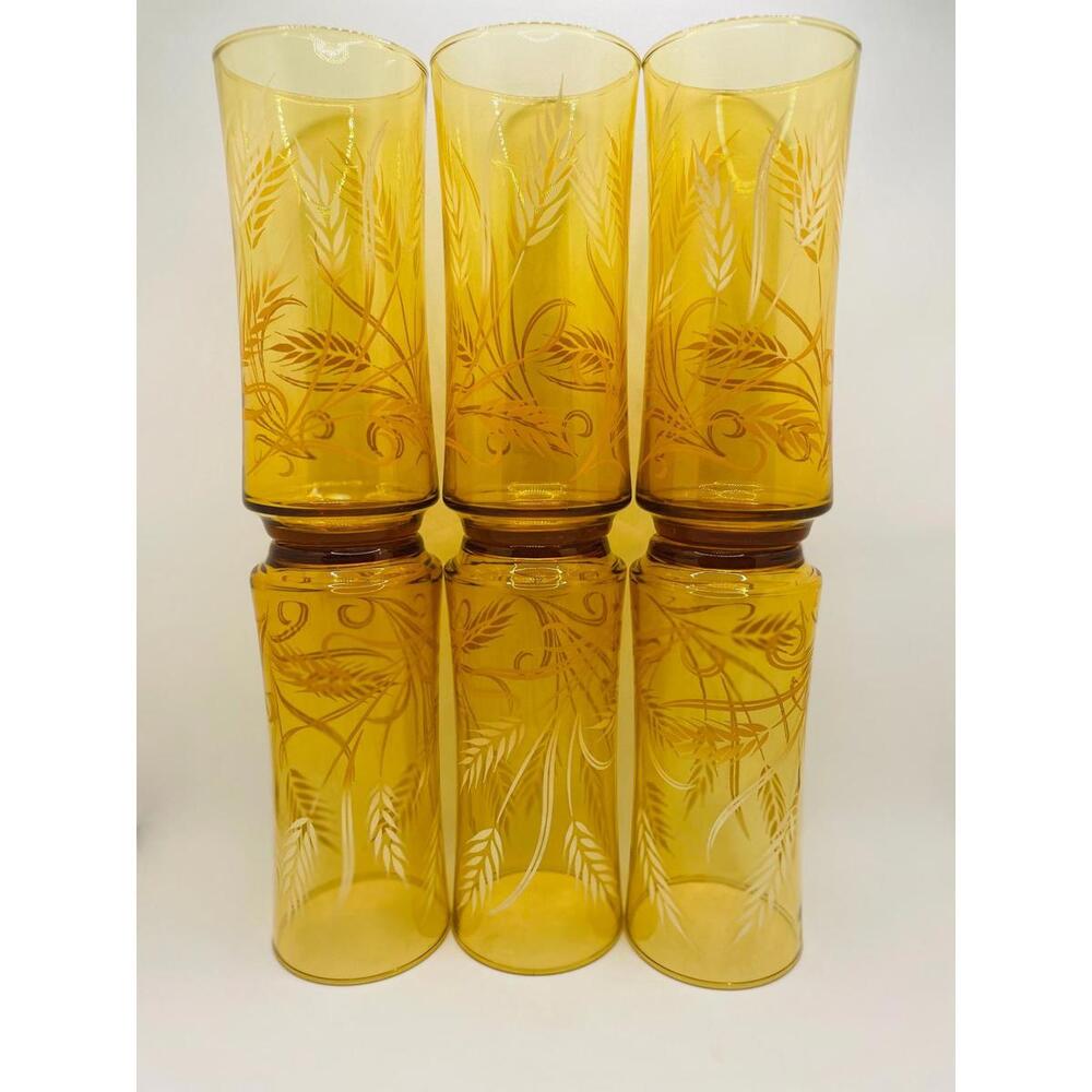 MCM Tumblers: Vintage 1970's Libbey Gold Harvest Wheat Yellow Amber Glasses